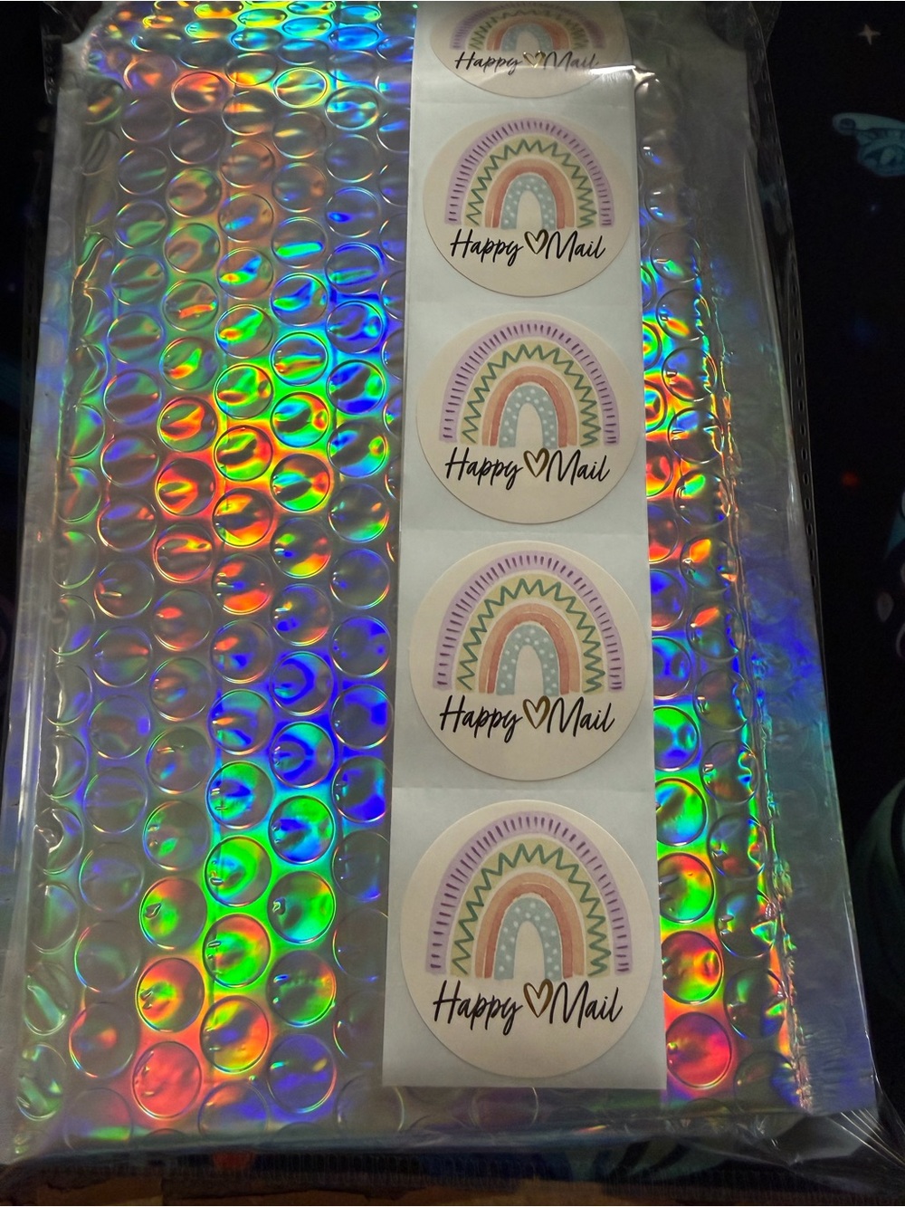 10 Rainbow Sticker Seals on Holographic 10 4x8 Bubble Mailer - Multicolor